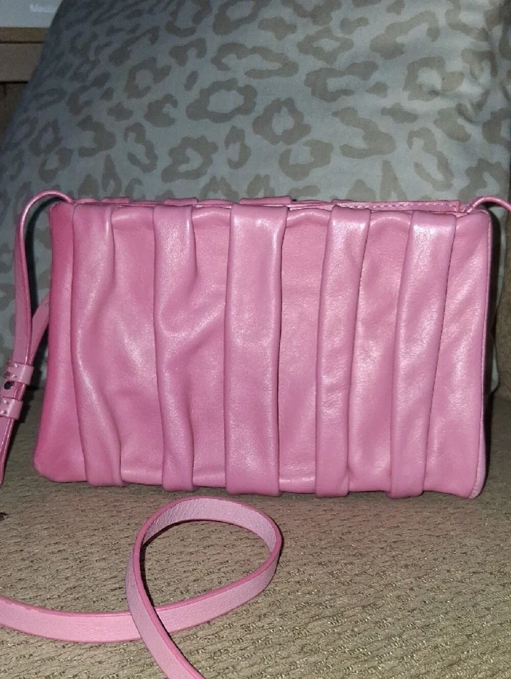 Schutz Pink Leather Pleated Crossbody Bag with Chain Accent